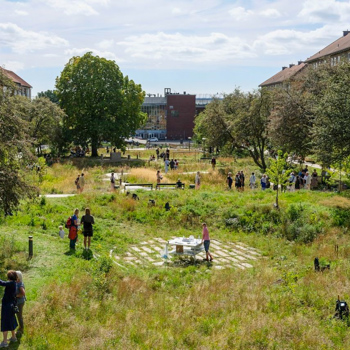 The 15,000-square-metres urban park, Grønningen–Bispeparken, is located in the so-called Northwest district of Copenhagen, Denmark.