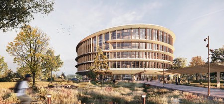 Det foreløbige design af Grundfos' kommende hovedkvarter i Bjerringbro, som bæredygtighedscertificeres som DGNB Platin og skal opfylde krav til LEED Platin. Illustration: Grundfos