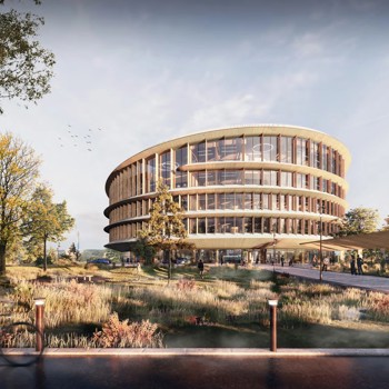 Det foreløbige design af Grundfos' kommende hovedkvarter i Bjerringbro, som bæredygtighedscertificeres som DGNB Platin og skal opfylde krav til LEED Platin. Illustration: Grundfos