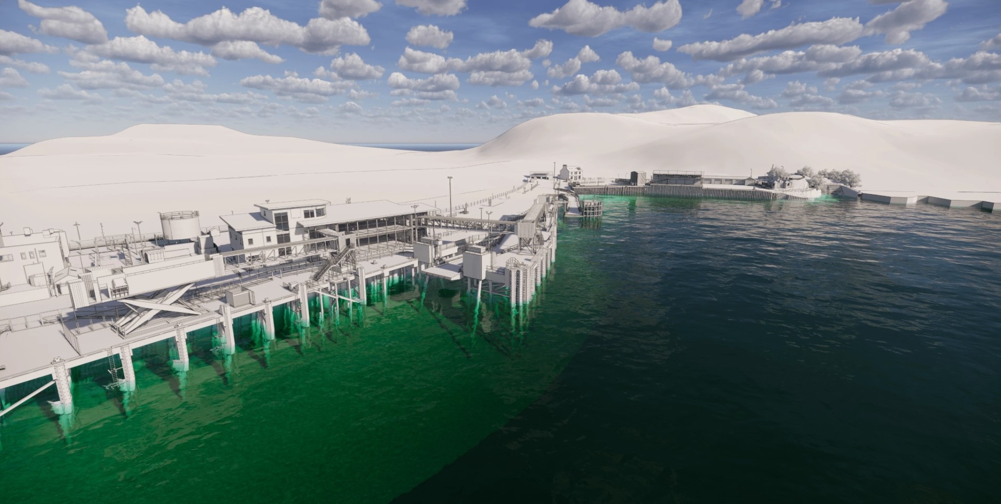 Industrial port structure by the sea with white terrain and green water