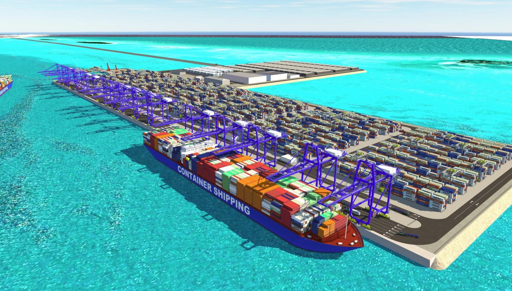 Container port with ships and cranes on bright turquoise water