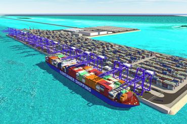 Container port with ships and cranes on bright turquoise water